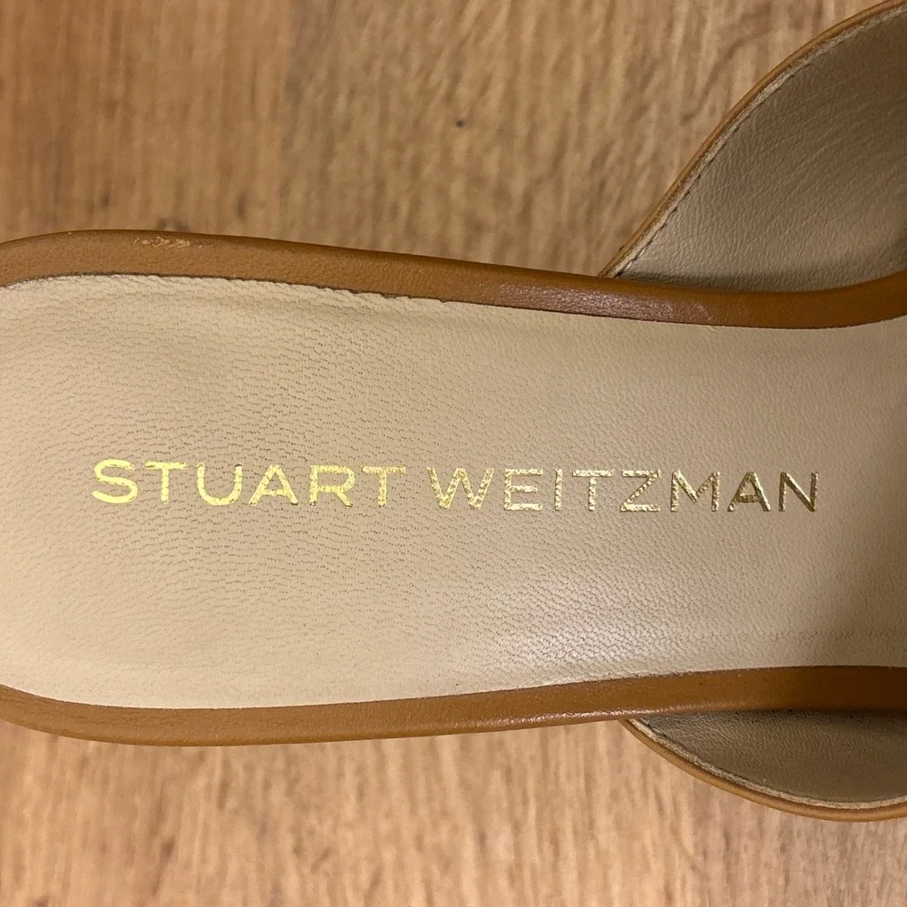 STUART WEITZMAN Dayna Sandal Heels Size 8.5 Macchiato Tan‎ Leather Square Toe - Picture 6 of 11